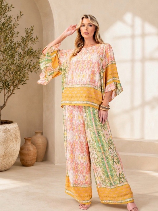 easel Pants - Easel Pink, Yellow & Green Ikat Wide-Leg Pants Set Medium NWT